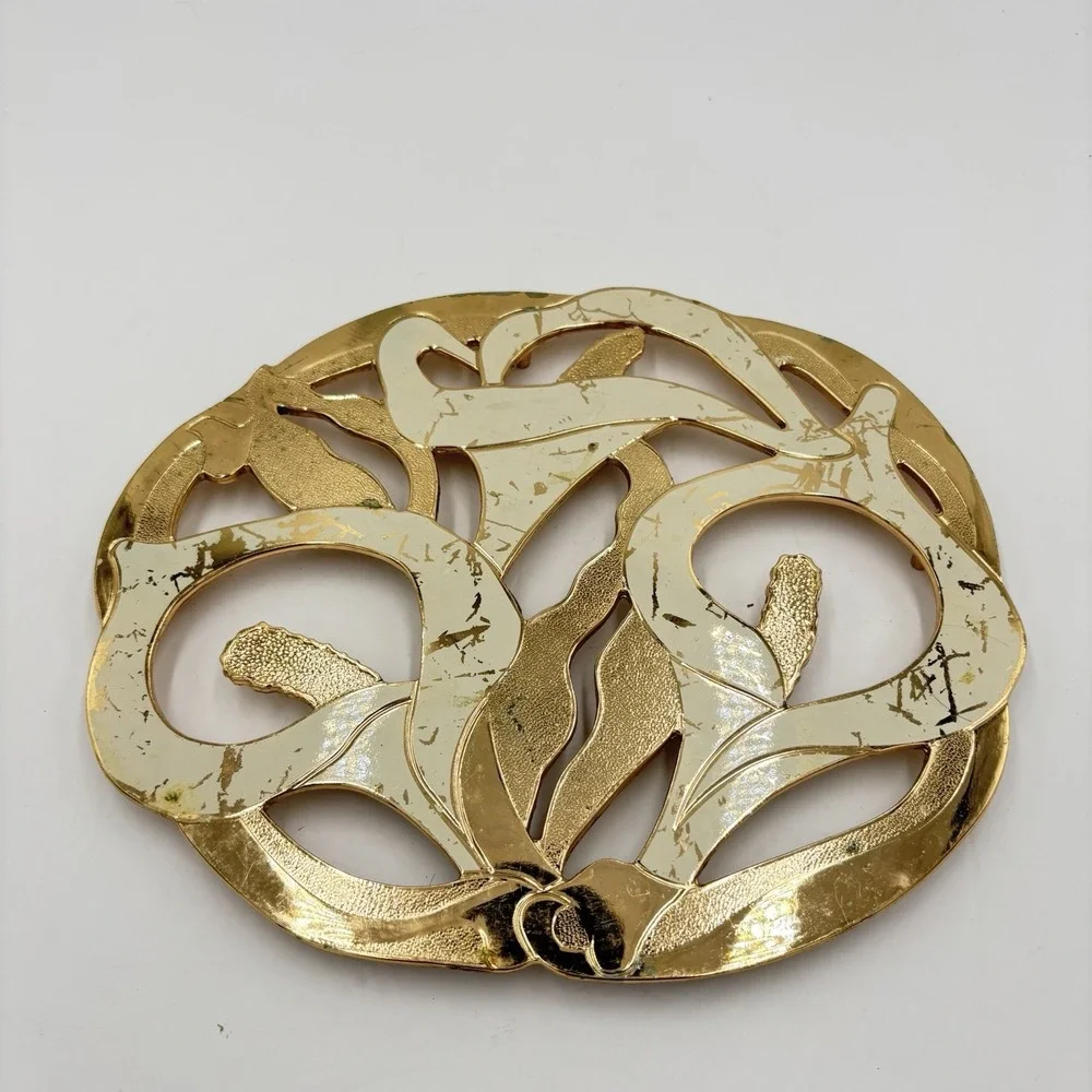 Vtg 80's Gold & White Calla Lily Footed Trivet Wm A Rogers Oneida Silversmiths